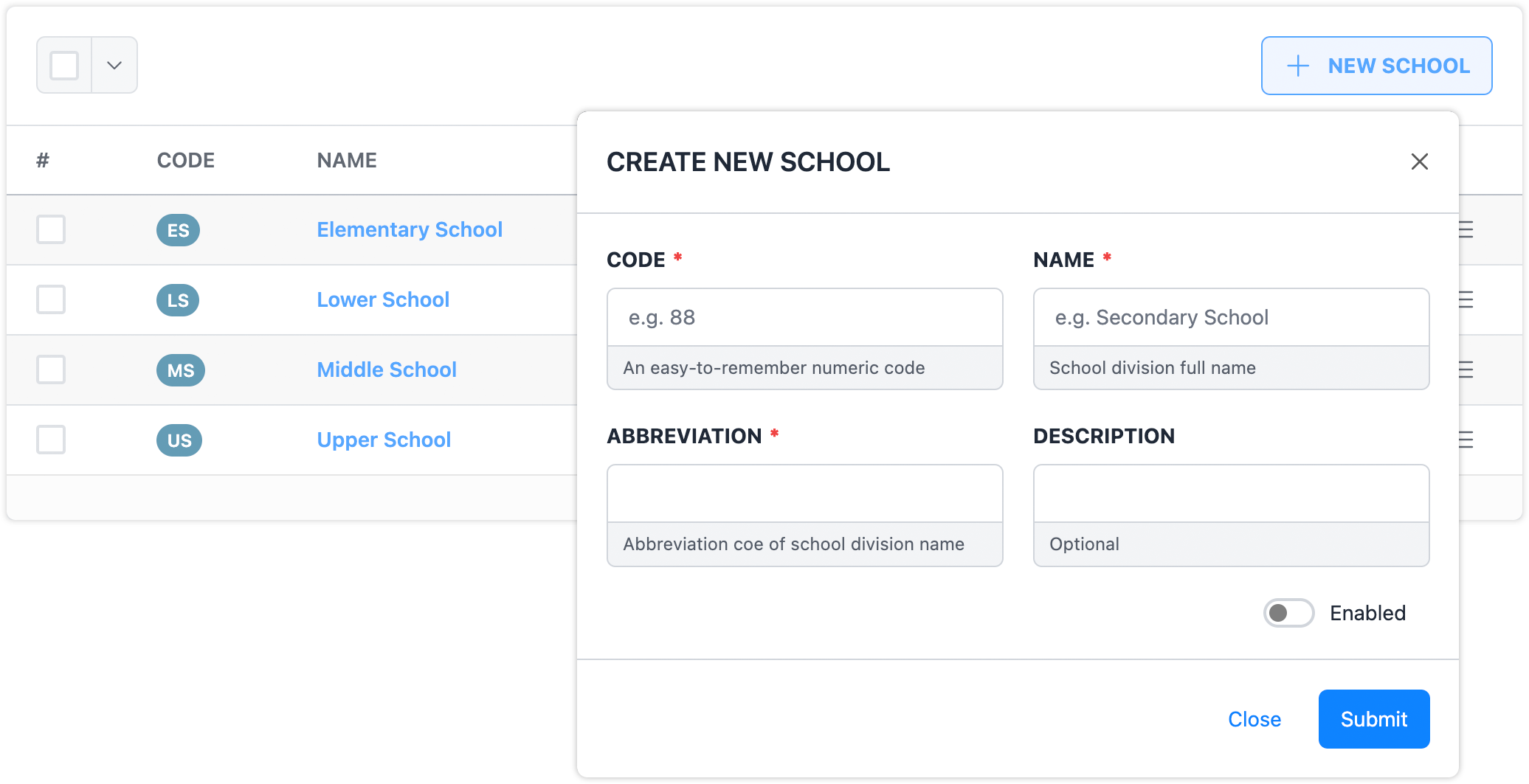 Navigation of School Year Administration